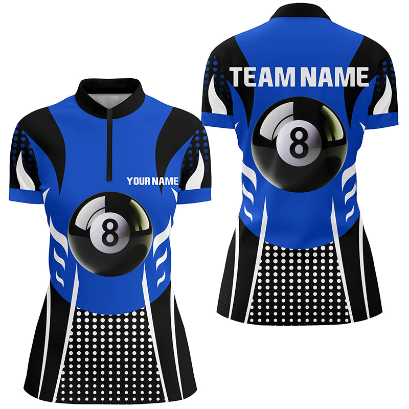 Personalized Blue Black 8 Ball Billiard 3D Quarter-Zip Shirts For Women, Billiard 8 Ball Pool Jerseys VHM1038