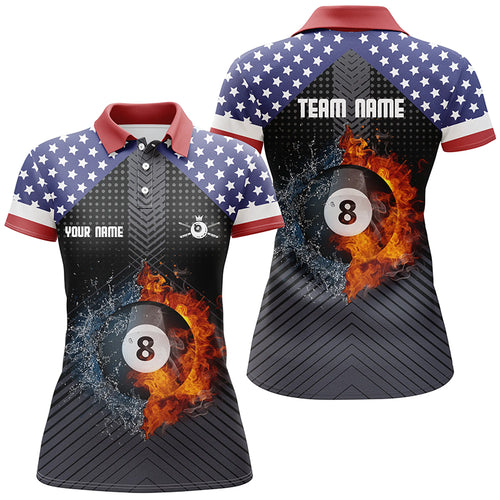 Personalized Fire And Water 8 Ball US Flag Billiard Polo Shirts For Women, Custom 8 Ball Pool Jerseys VHM0217