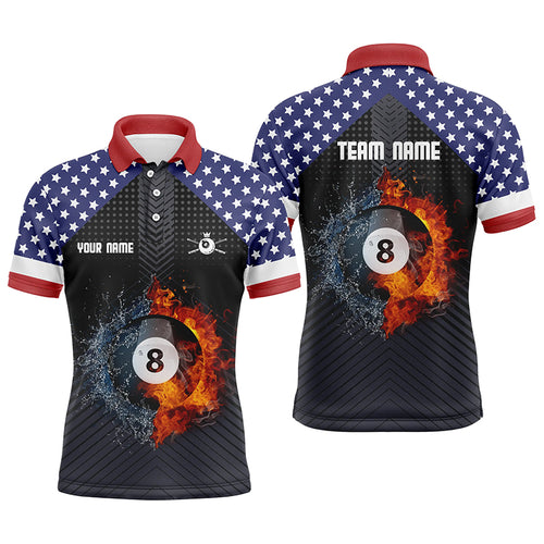 Personalized Fire And Water 8 Ball US Flag Billiard Polo Shirts For Men, Custom 8 Ball Pool Jerseys VHM0217