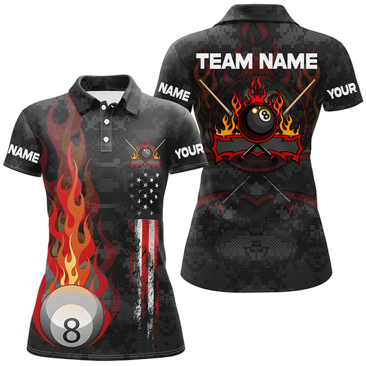 Personalized Flame 8 Ball Pool US Flag 3D Billiard Polo Shirts For Women, Gift For Pool Players VHM0219
