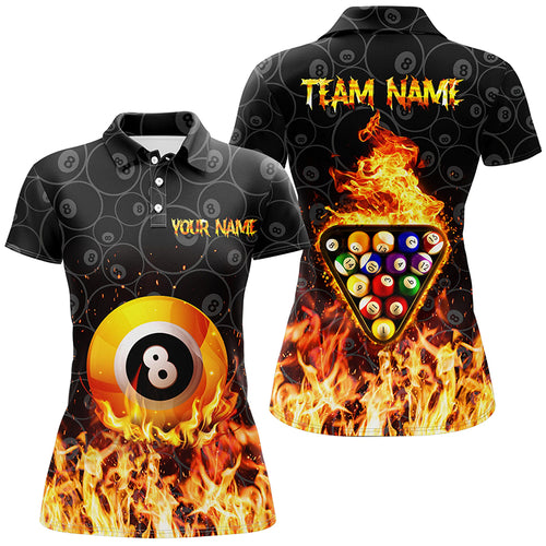 Personalized 3D Yellow Flame 8 Ball Pool Polo Shirts For Women, Custom Fire Billiard Balls Jerseys VHM0803