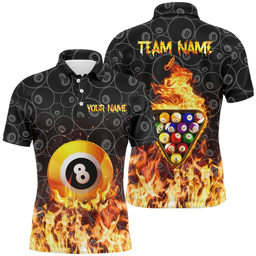 Personalized 3D Yellow Flame 8 Ball Pool Polo Shirts For Men, Custom Fire Billiard Balls Jerseys VHM0803