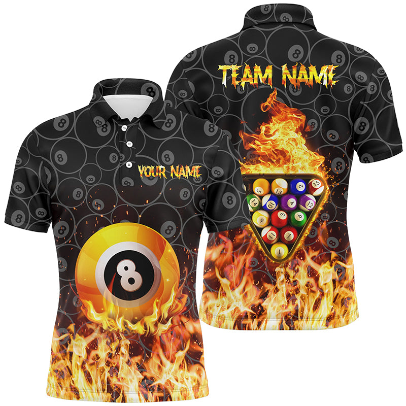 Personalized 3D Yellow Flame 8 Ball Pool Polo Shirts For Men, Custom Fire Billiard Balls Jerseys VHM0803