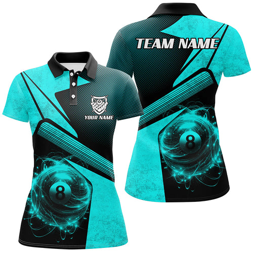 Personalized Sport Blue 8 Ball Billiard 3D Polo Shirts For Women, Custom 8 Ball Pool Team Jerseys VHM1042