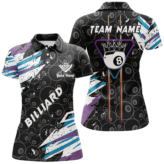 Personalized Crown 8 Ball Pool 3D Polo Shirts For Women, 8 Ball Pattern Paint Color Billiards Jerseys VHM0226