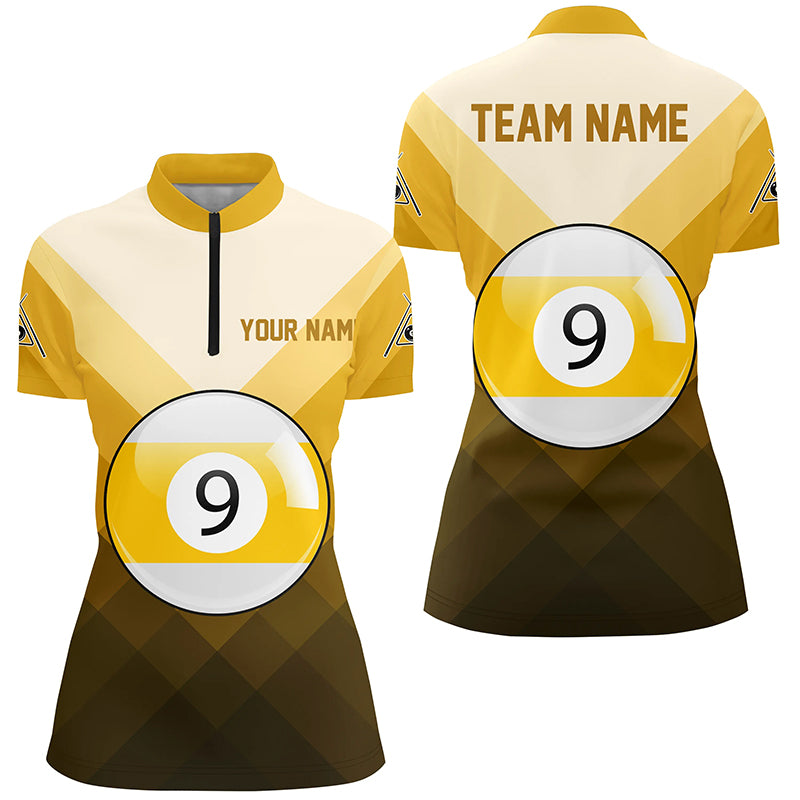 Personalized 9 Ball Pool Yellow Billiard Quarter-Zip Shirts For Women, Custom Pool Billiard Jerseys VHM0472