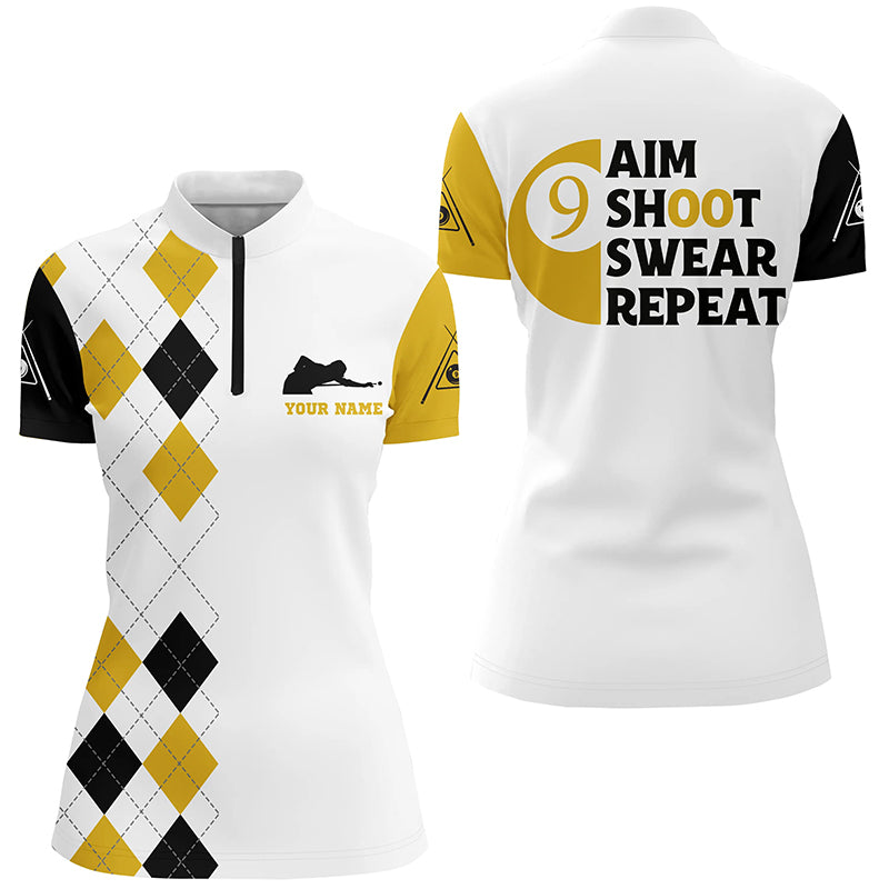 Personalized Aim Shoot Swear Repeat 9 Ball Pool Yellow Billiards Quarter-Zip Shirts For Women VHM0473