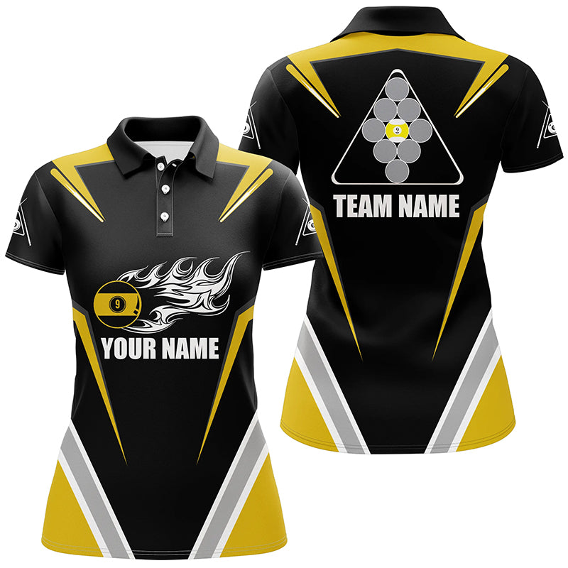 Personalized 9 Ball Pool Flame Yellow Black Billiard Polo Shirts For Women, Custom Billiards Jerseys VHM0474