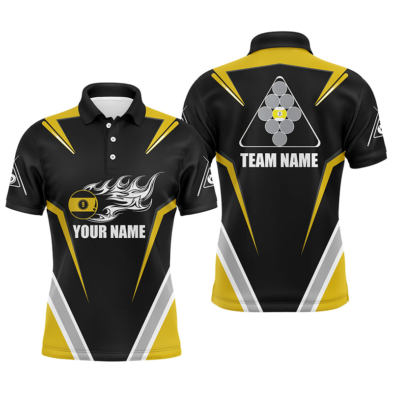 Personalized 9 Ball Pool Flame Yellow Black Billiard Polo Shirts For Men, Custom Billiards Jerseys VHM0474
