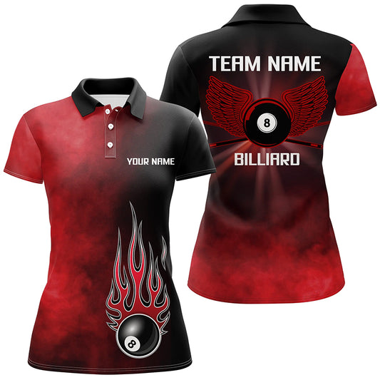 Personalized Black Red Flame 8 Ball Pool Polo Shirts For Women, Custom Billiard 8 Ball Wing Jerseys VHM0809