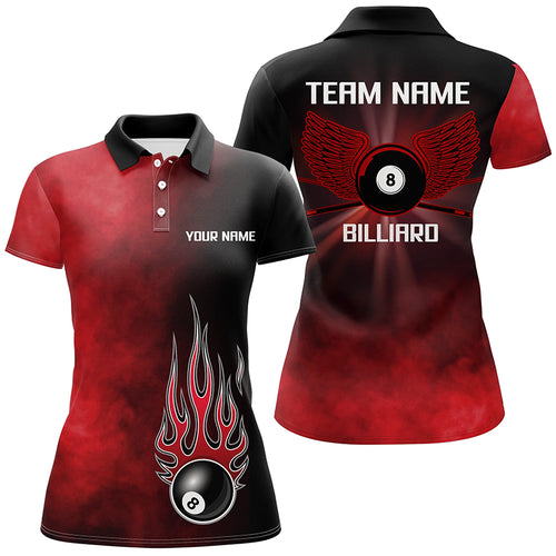 Personalized Black Red Flame 8 Ball Pool Polo Shirts For Women, Custom Billiard 8 Ball Wing Jerseys VHM0809
