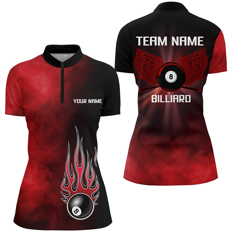 Personalized Black Red Flame 8 Ball Pool Quarter-Zip Shirts For Women, Billiard 8 Ball Wing Jerseys VHM0809