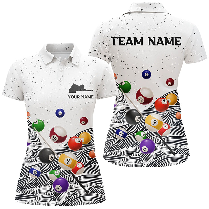 Personalized Billiard Balls White Grunge Polo Shirts For Women, Custom Player Billiards Pool Jerseys VHM0066
