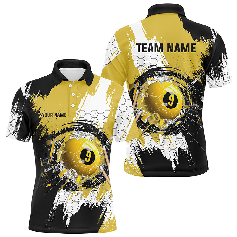Personalized Black Yellow Glass Break 9 Ball Pool Polo Shirts For Men Custom 9 Ball Pool Jerseys VHM1176