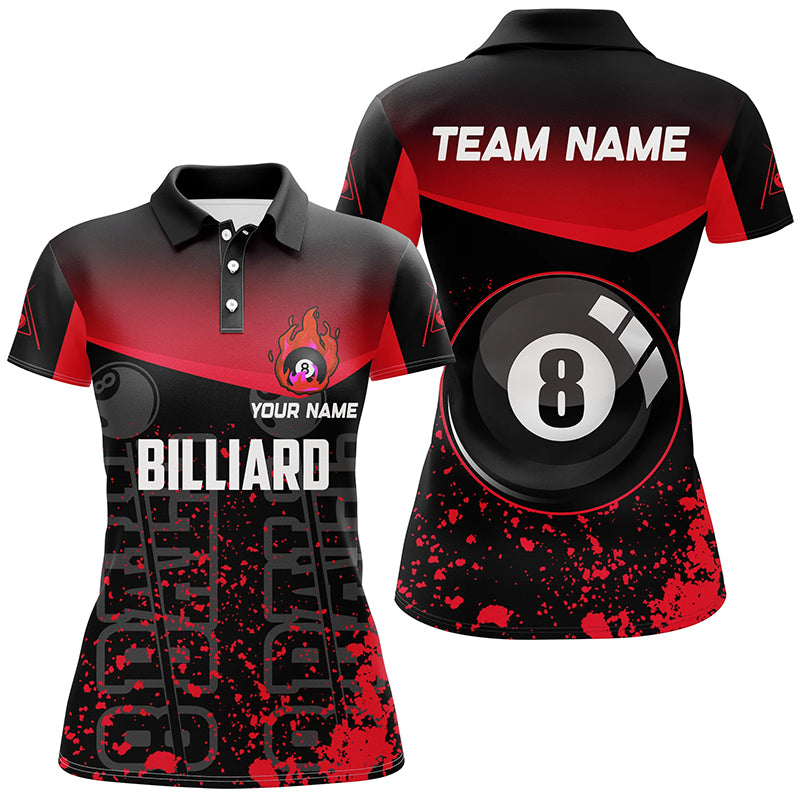 Personalized Red Fire 8 Ball Pool Billiard Polo Shirts For Women, Custom 8 Ball Billiard Team Shirts VHM0702