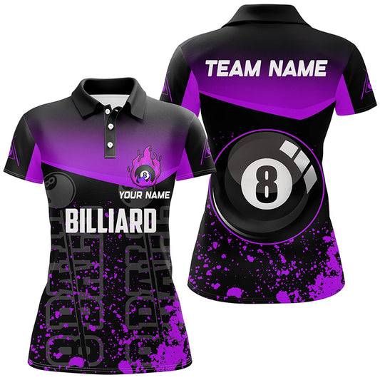 Personalized Purple Fire 8 Ball Pool Billiard Polo Shirts For Women, 8 Ball Billiard Team Shirts VHM0703