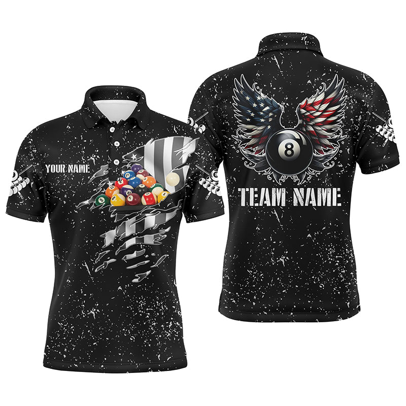 Personalized US Flag Billiard Balls 3D Polo Shirts For Men, Funny Billiard 8 Ball Wings Jerseys VHM1001