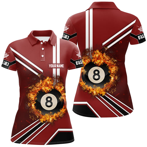 Personalized Red Billiard Pool 8 Ball On Fire 3D Polo Shirts For Women, Custom Pool Billiards Shirts VHM0258