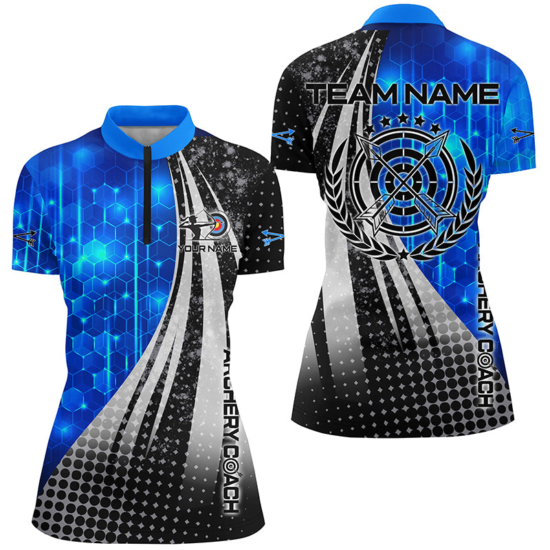 Personalized Blue Black Archery Coach 3D Quarter-Zip Shirts For Women, Custom Target Archery Shirts VHM0708