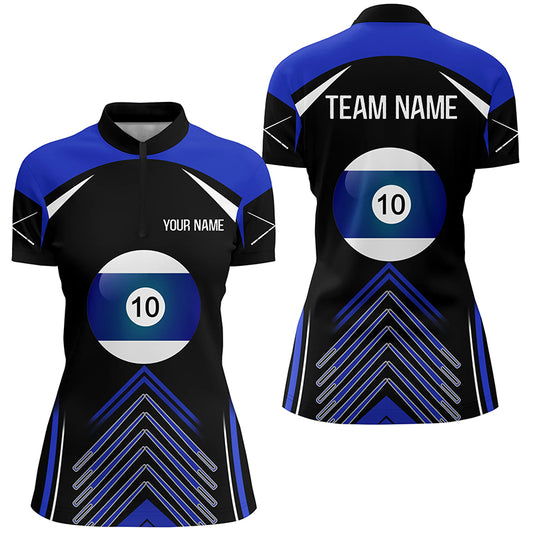 Personalized Blue Black 10 Ball Billiard Quarter-Zip Shirts For Women, 10 Ball Pool Billiards Jerseys VHM0955