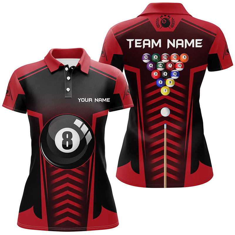Personalized 8 Ball Pool Red Black Polo Shirts For Women, Custom Pool Balls Billiards Jerseys VHM0505