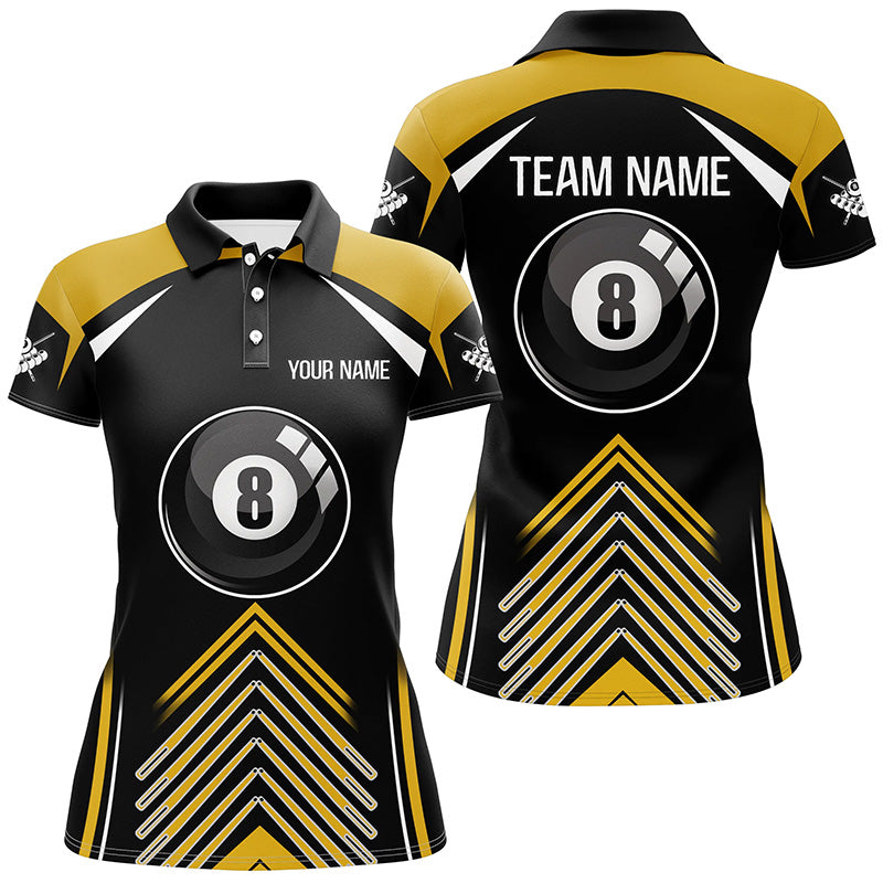 Personalized Yellow Black Billiard 8 Ball Pool 3D Polo Shirts For Women, Custom Name Billiard Jerseys VHM0284