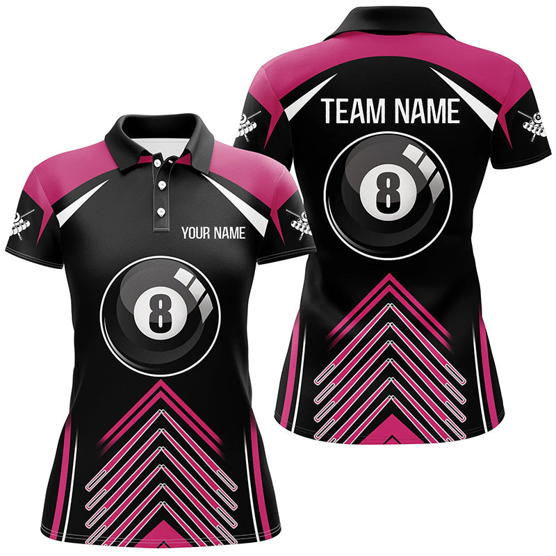Personalized Pink Black Billiard 8 Ball Pool 3D Polo Shirts For Women, Custom Name Billiard Jerseys VHM0286