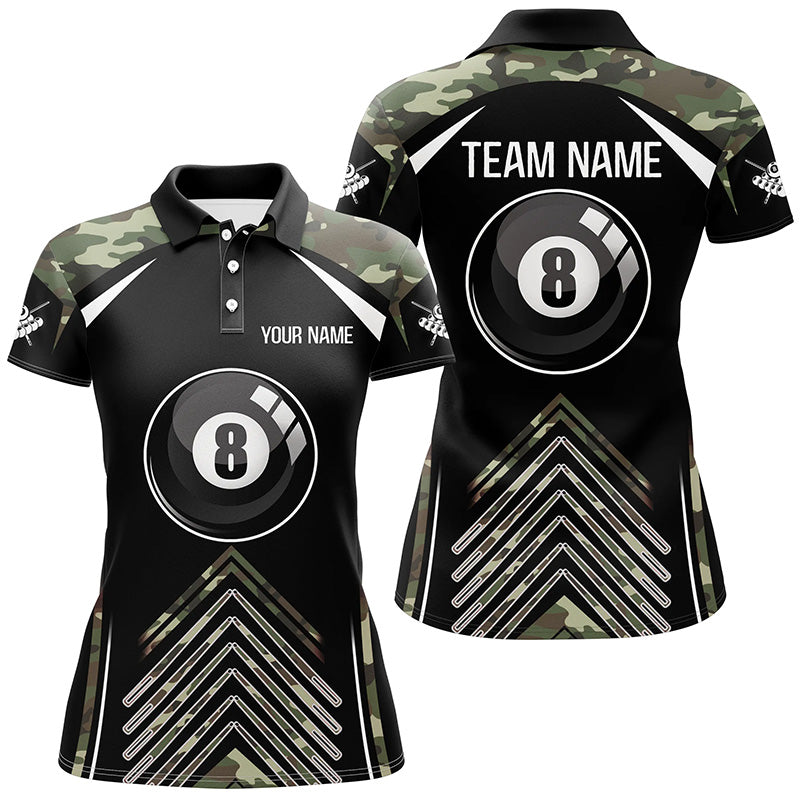 Personalized Camo Black Billiard 8 Ball Pool Polo Shirts For Women, Custom Name Billiards Jerseys VHM0288