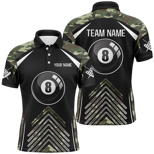 Personalized Camo Black Billiard 8 Ball Pool Polo Shirts For Men, Custom Name Billiards Jerseys VHM0288