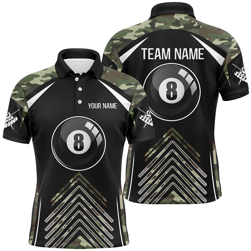 Personalized Camo Black Billiard 8 Ball Pool Polo Shirts For Men, Custom Name Billiards Jerseys VHM0288