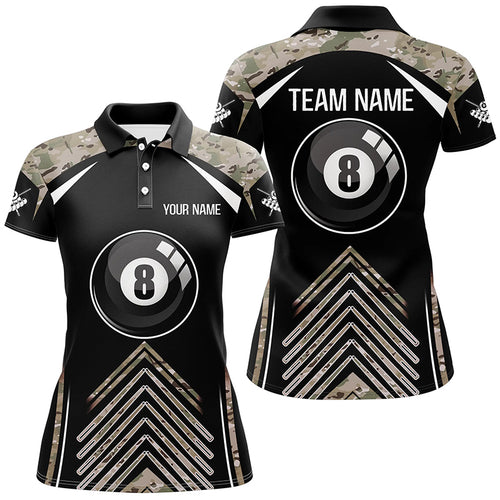 Personalized Camo Black Billiard 8 Ball Pool Polo Shirts For Women, Custom Name Billiards Jerseys VHM0290