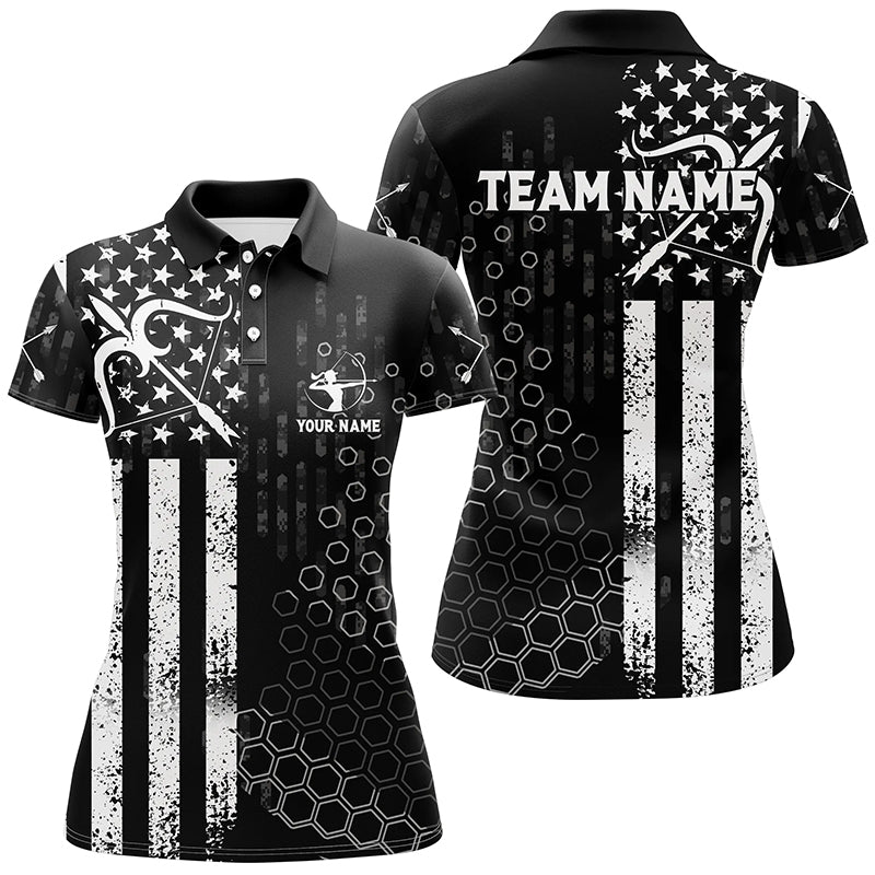 Personalized BW American Flag Archery Polo Shirts For Women, Custom Bows And Arrows Archery Shirts VHM0716