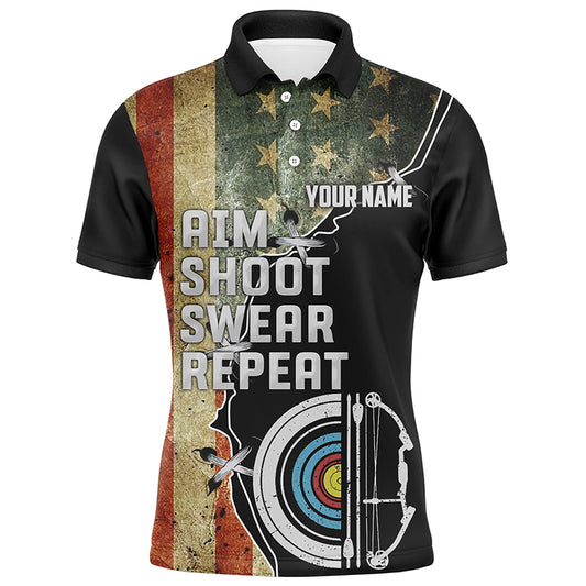 Personalzied Aim Shoot Swear Repeat Archey Polo Shirts For Men, Vintage US Flag Archery Shirts VHM0720