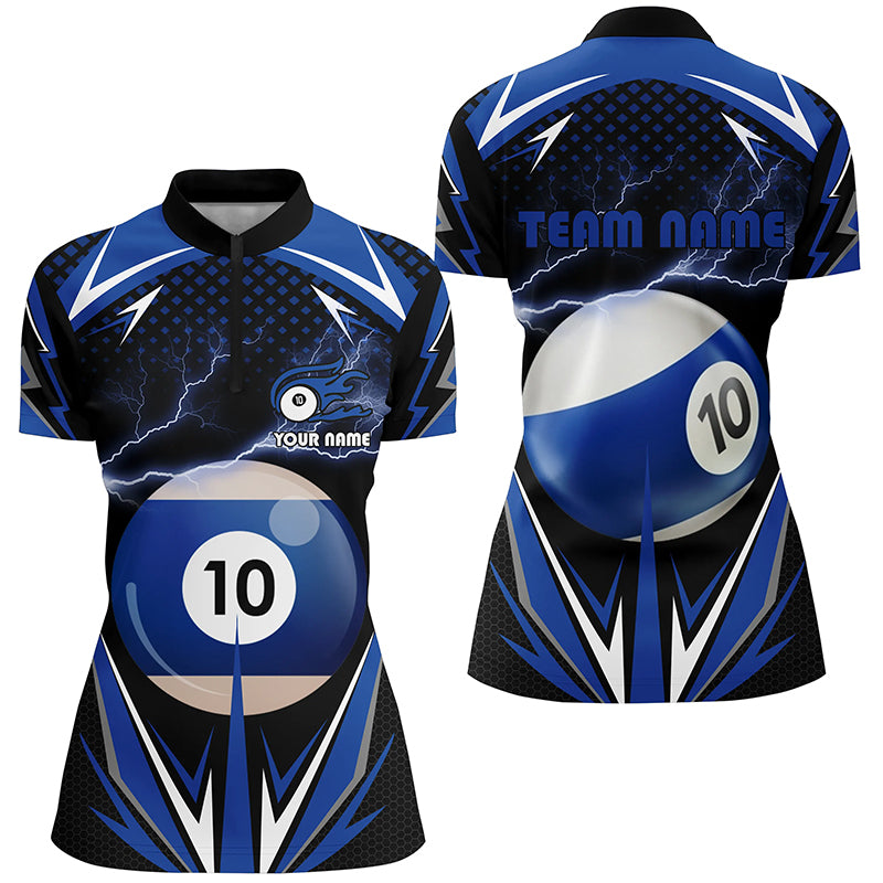 Personalized Thunder Blue 10 Ball Billiard 3D Quarter-Zip Shirts For Women, 10 Ball Billiard Jerseys VHM0956
