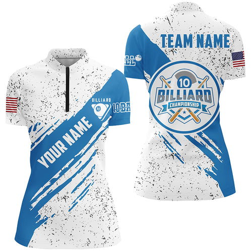 Personalized US Flag 10 Ball Billiard Quarter-Zip Shirts For Women, Custom Blue 10 Ball Pool Jerseys VHM0957