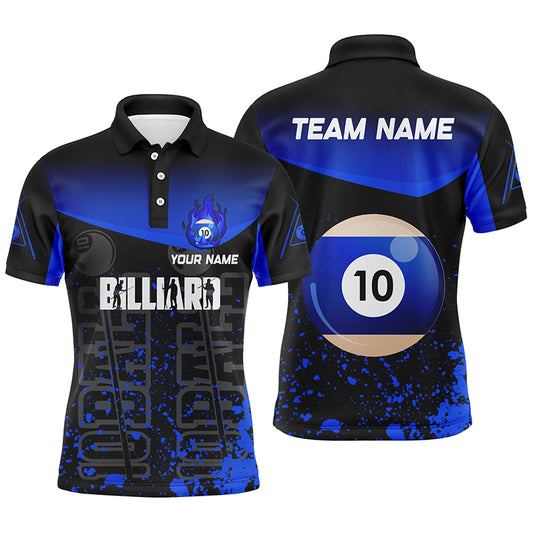 Personalized Splash Blue 10 Ball Billiard 3D Polo Shirts For Men, Fire 10 Ball Pool Team Jerseys VHM0967