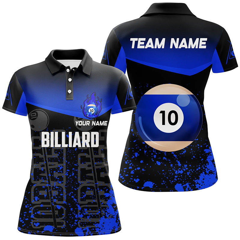 Personalized Splash Blue 10 Ball Billiard 3D Polo Shirts For Women, Fire 10 Ball Pool Team Jerseys VHM0967