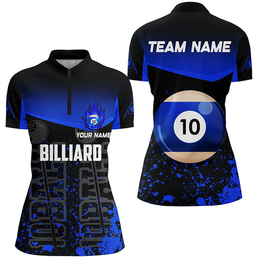 Personalized Splash Blue 10 Ball Billiard 3D Quarter-Zip Shirts For Women, Fire 10 Ball Pool Jerseys VHM0967