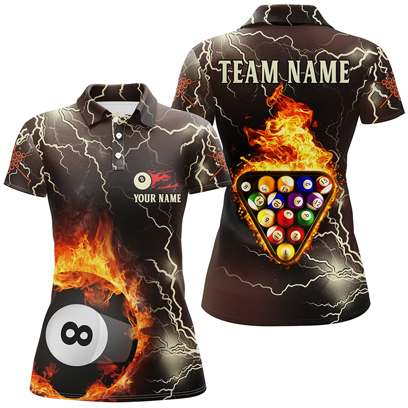 Personalized Fire Flame Lightning Billiard Balls 3D Polo Shirts For Women, Custom 8 Ball Pool Shirts VHM0533
