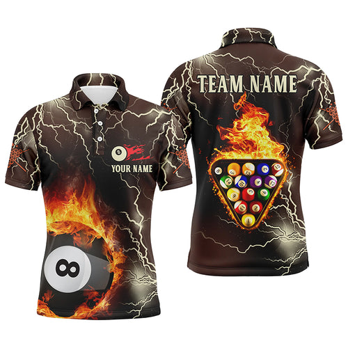 Personalized Fire Flame Lightning Billiard Balls 3D Polo Shirts For Men, Custom 8 Ball Pool Shirts VHM0533