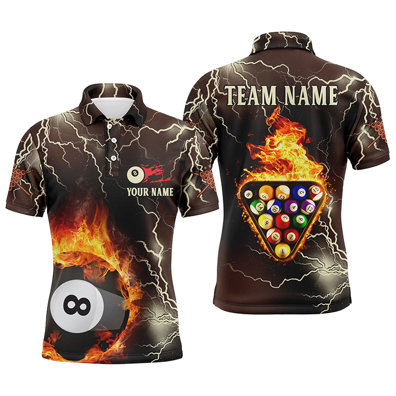 Personalized Fire Flame Lightning Billiard Balls 3D Polo Shirts For Men, Custom 8 Ball Pool Shirts VHM0533