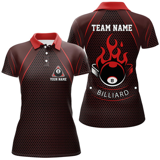 Personalized Red Fire 8 Ball Pool Polo Shirts For Women, Custom Flame 8 Ball Billiard Team Shirts VHM0727