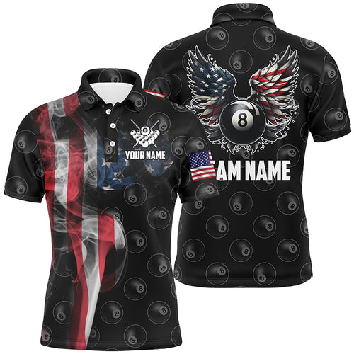 Personalized Smoke US Flag 8 Ball Billiard Polo Shirts For Men, Funny Billiard 8 Ball Wings Jerseys VHM0998