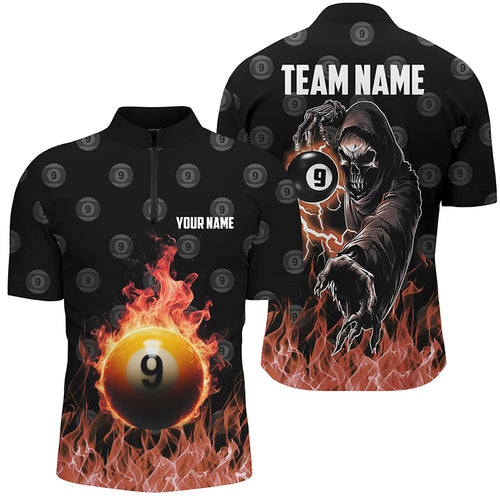 Personalized Flame 9 Ball Pool Billiard Quarter-Zip Shirts For Men Custom Skull Billiard Shirts VHM1125