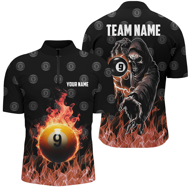 Personalized Flame 9 Ball Pool Billiard Quarter-Zip Shirts For Men Custom Skull Billiard Shirts VHM1125