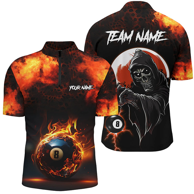 Personalized Flame 8 Ball Pool Billiard Quarter-Zip Shirts For Men Custom Skull Billiard Team Shirts VHM1129