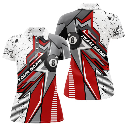 Personalized Red White Grunge 8 Ball Billiards Polo Shirts For Women Custom Billiard Team Shirts VHM1131