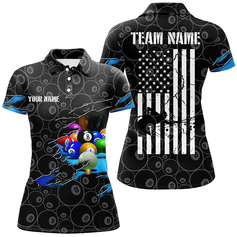 Personalized US Flag 8 Ball Pattern Billiard Black 3D Polo Shirts For Women, Billiards Jerseys VHM0341