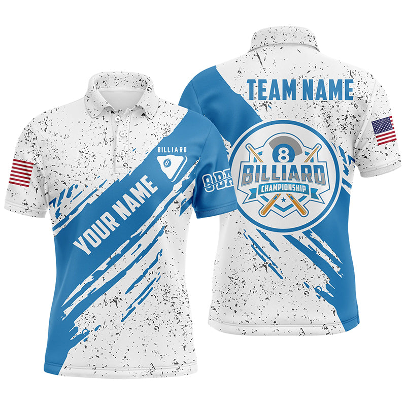 Personalized 8 Ball Pool Blue White Grunge Billiard Polo Shirts For Men, US Flag Billiard Jerseys VHM0565