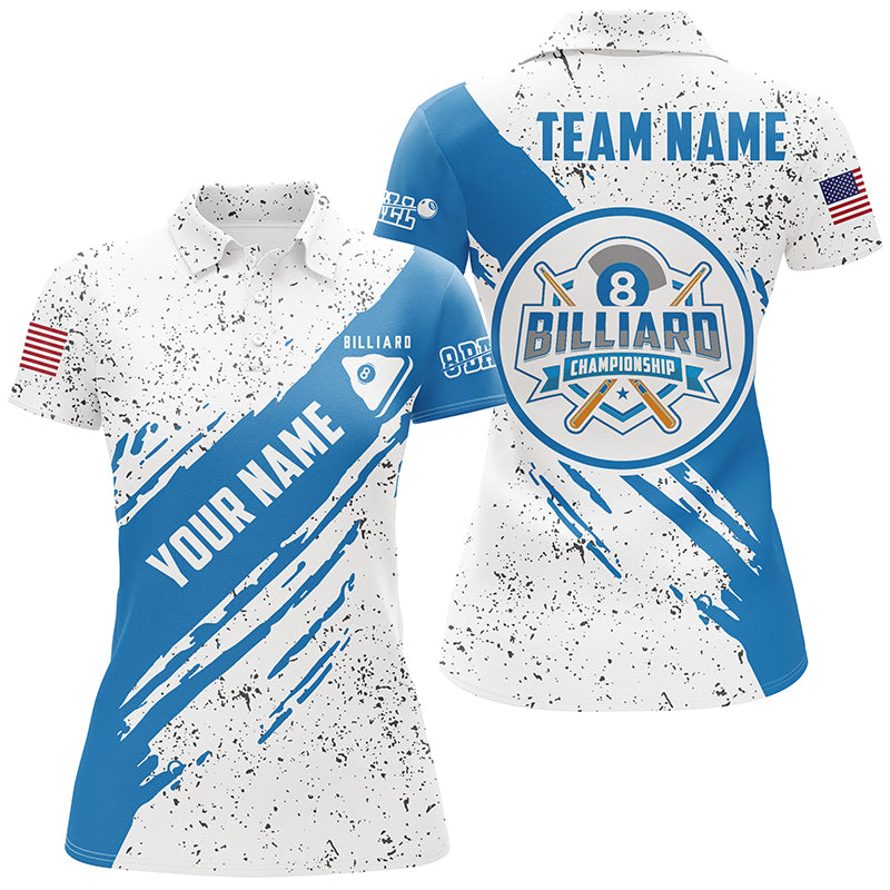 Personalized 8 Ball Pool Blue White Grunge Billiard Polo Shirts For Women, US Flag Billiard Jerseys VHM0565
